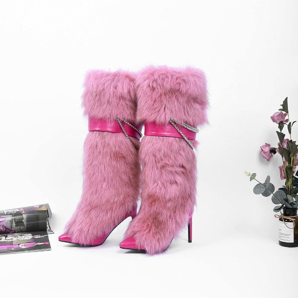 ⚡Women's Pink Knee High Wide Calf with Heel Fluffy Sexy Snow Boots Fashion